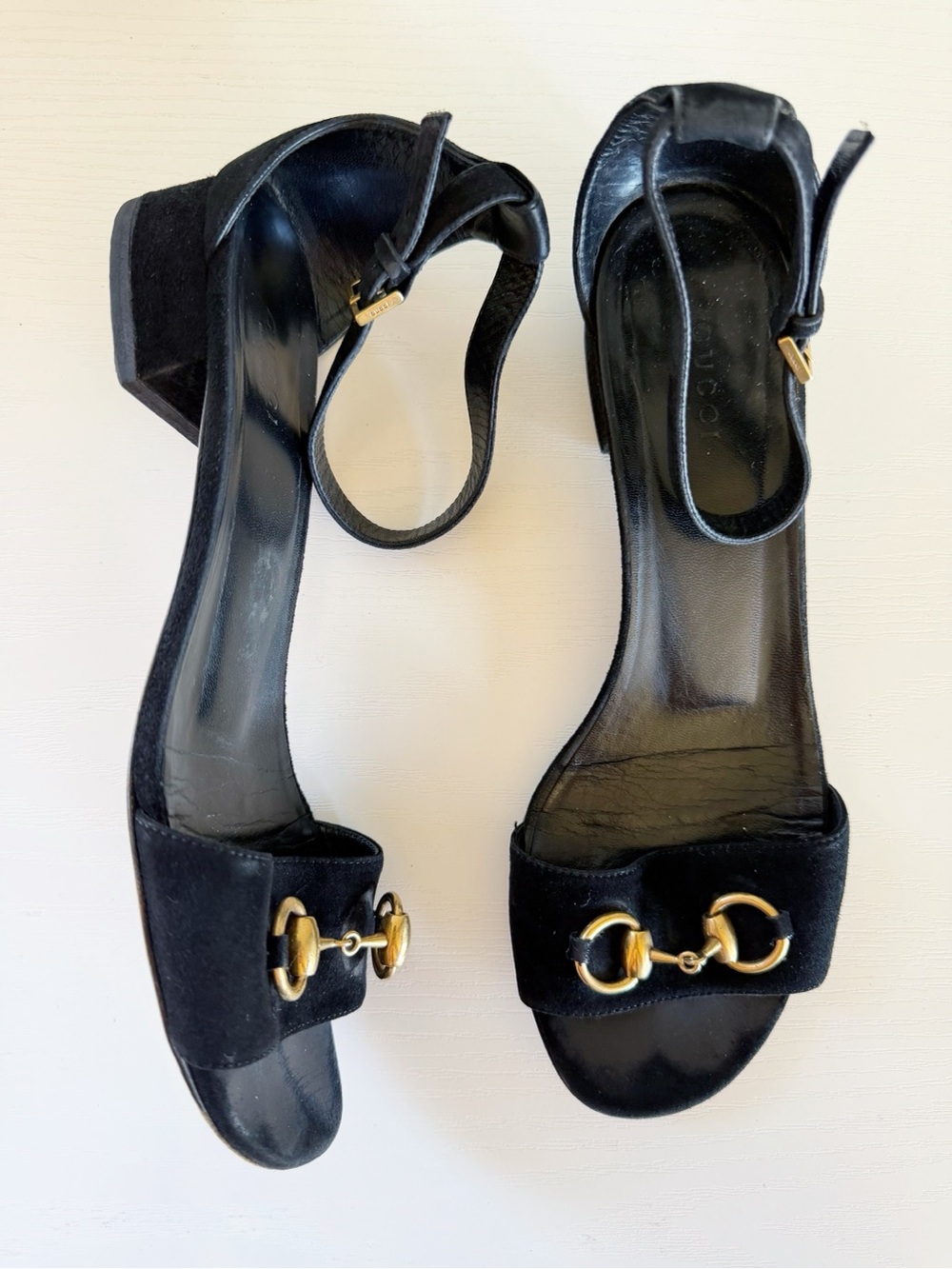 Gucci Black Suede Horsebit Ankle Strap Block Heel Sandals EU 38.5